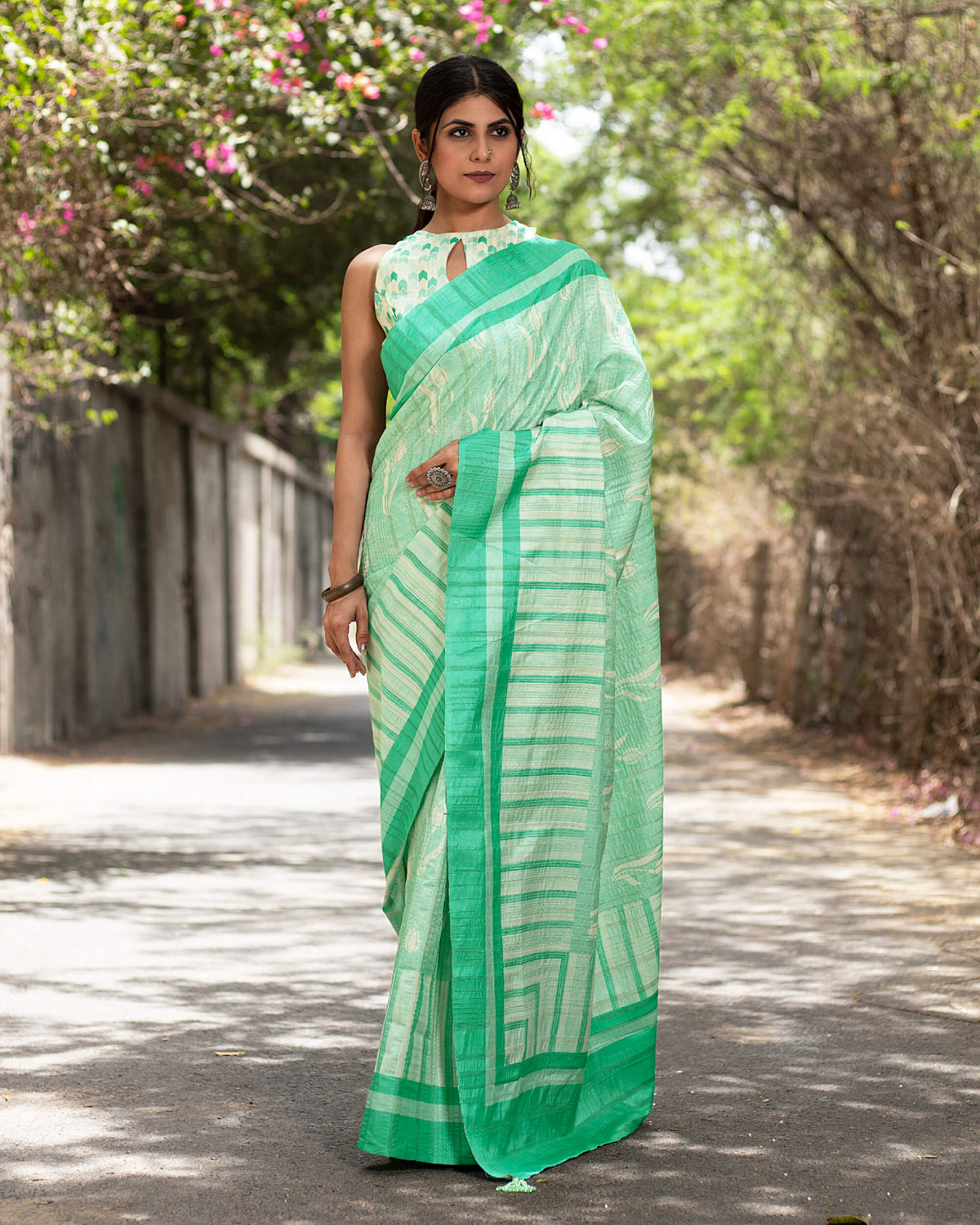 Mint Green and White Floral Pattern Digital Print Art Tusser Silk Saree With Tassels