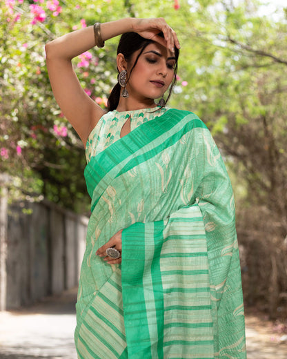 Mint Green and White Floral Pattern Digital Print Art Tusser Silk Saree With Tassels