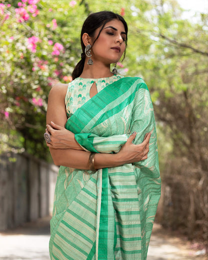 Mint Green and White Floral Pattern Digital Print Art Tusser Silk Saree With Tassels