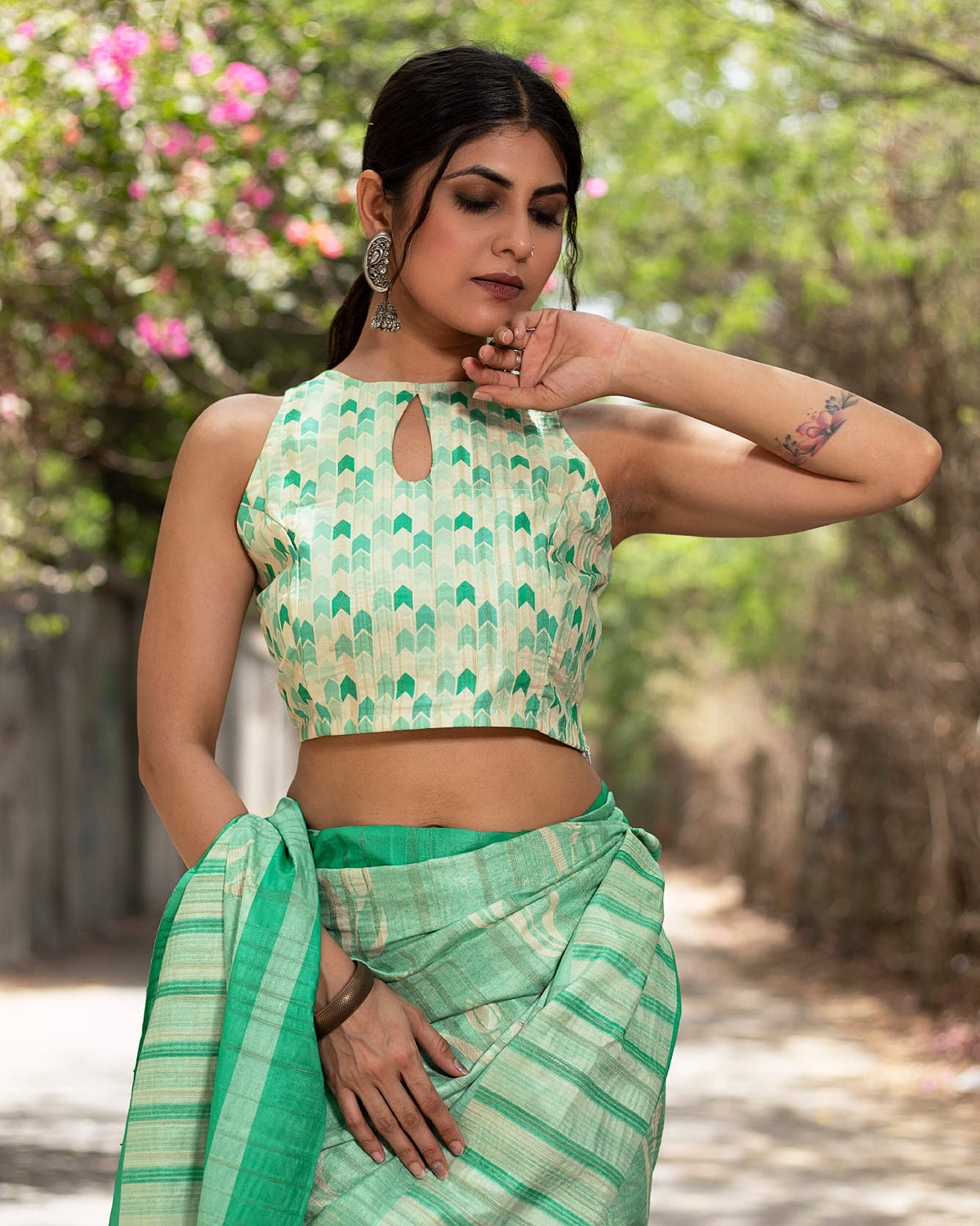 Geometric Printed Silk Jewel And Keyhole Neck Blouse