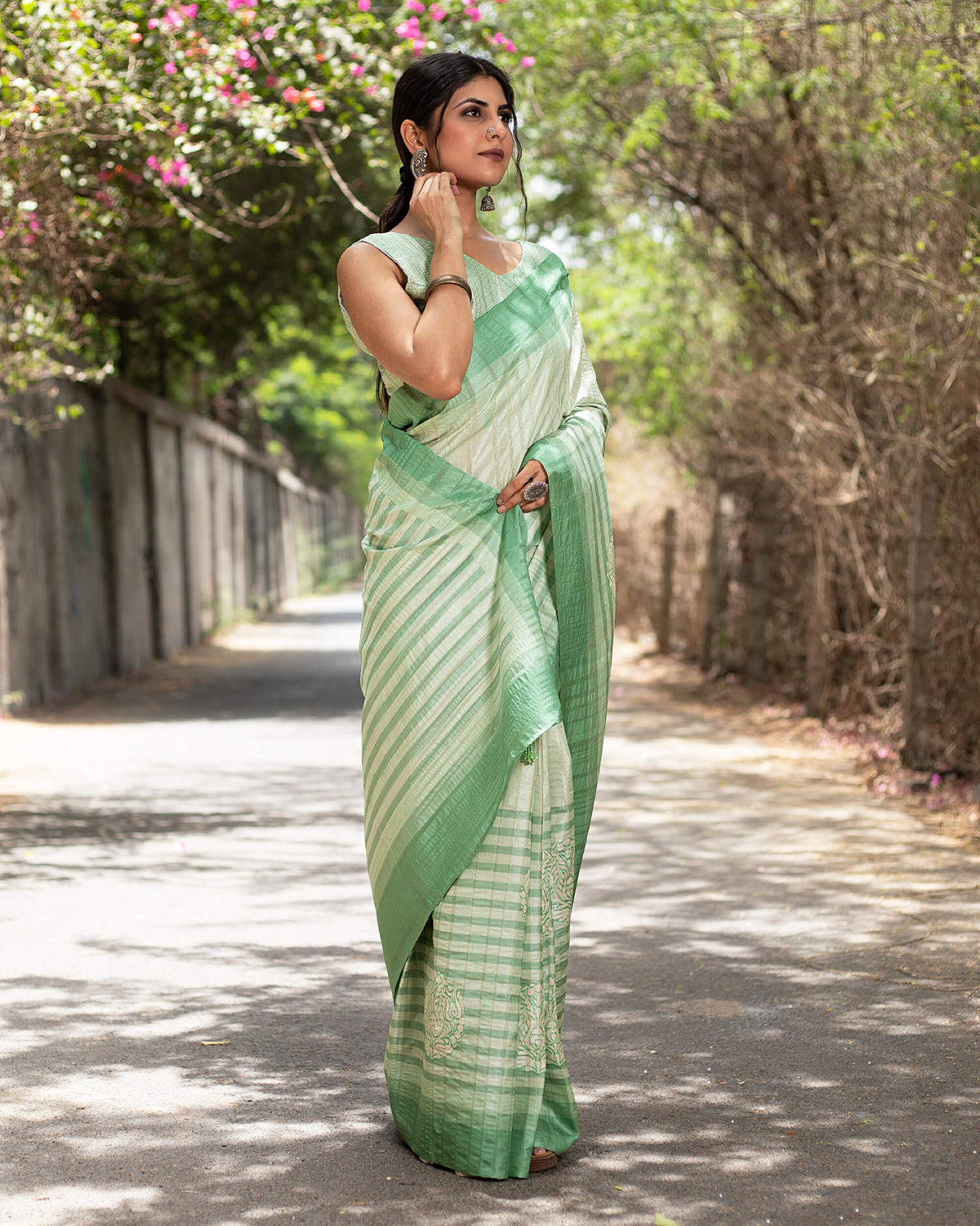 Pistachio Green And White Ethnic Pattern Digital Print Art Tusser Silk Saree With Tassels
