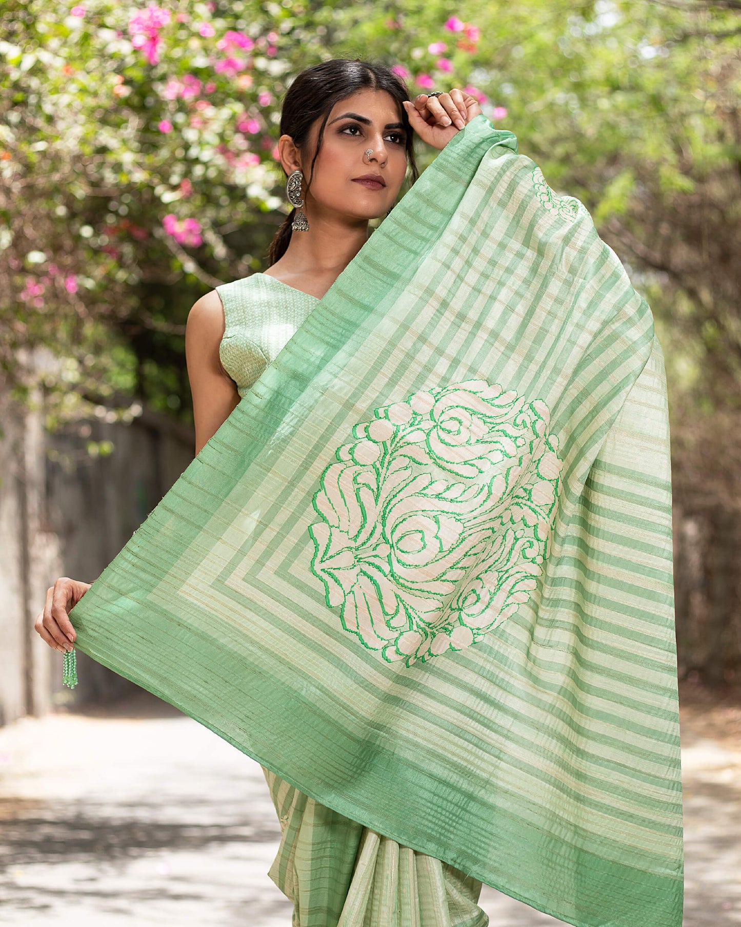 Pistachio Green And White Ethnic Pattern Digital Print Heritage Art Silk Saree With Tassels