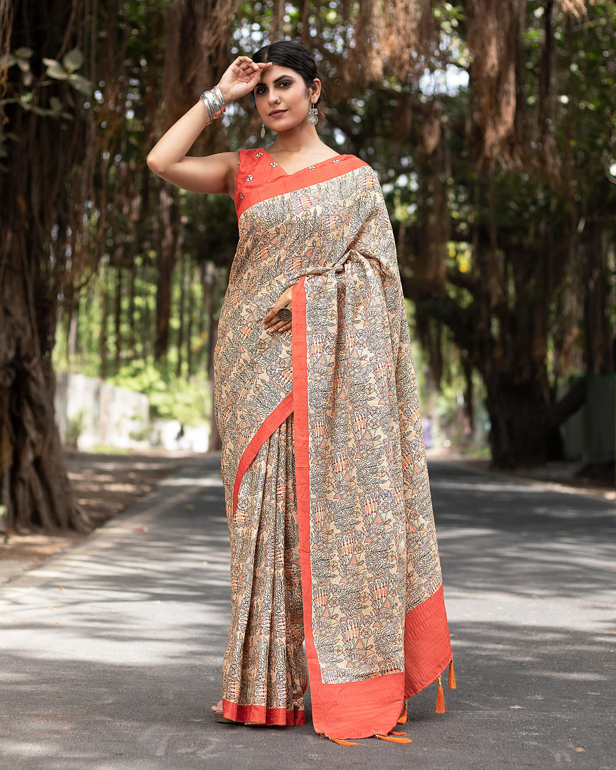 Amber Orange And Oat Beige Madhuvanii Pattern Digital Print Art Tusser Silk Saree With Tassels