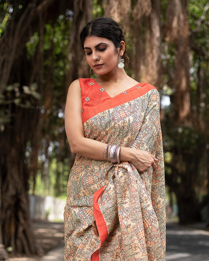 Amber Orange And Oat Beige Madhuvanii Pattern Digital Print Art Tusser Silk Saree With Tassels