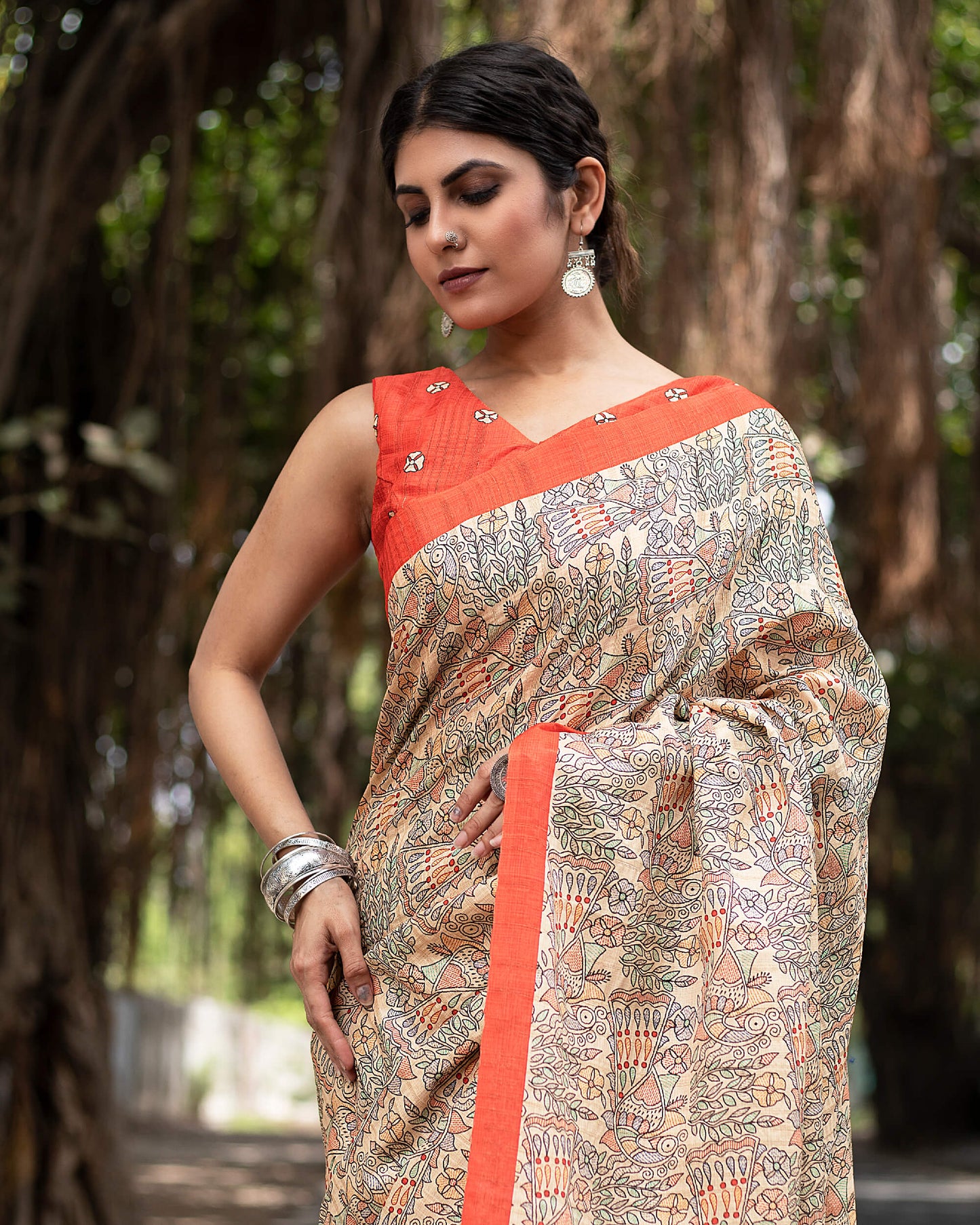 Amber Orange And Oat Beige Madhubani Pattern Digital Print Heritage Art Silk Saree With Tassels