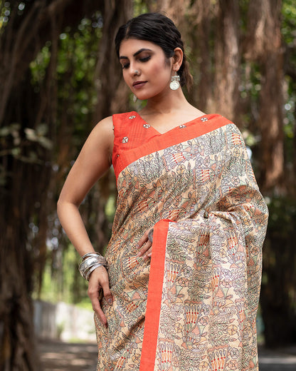 Amber Orange And Oat Beige Madhuvanii Pattern Digital Print Art Tusser Silk Saree With Tassels