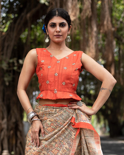Amber Orange And Oat Beige Madhuvanii Pattern Digital Print Art Tusser Silk Saree With Tassels