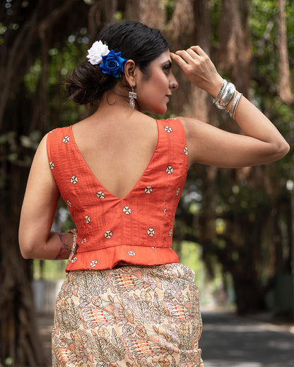 Amber Orange And Oat Beige Madhuvanii Pattern Digital Print Art Tusser Silk Saree With Tassels