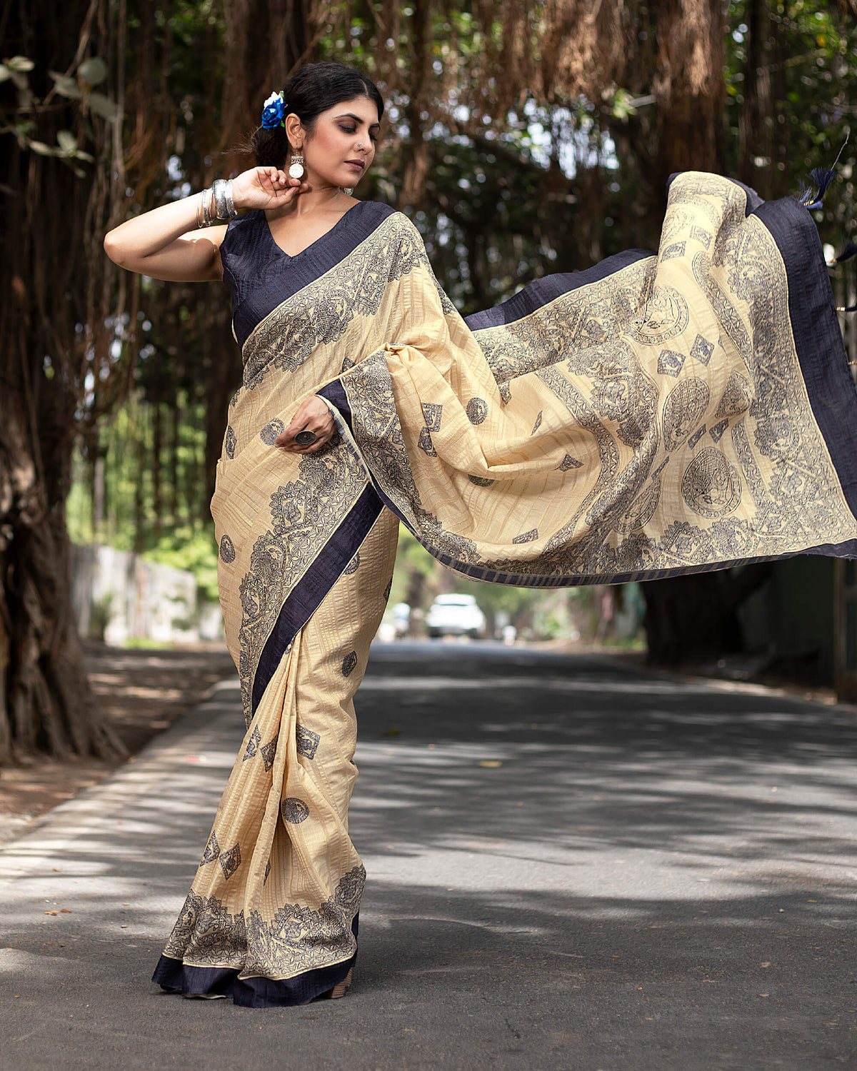 Ecru Beige And Navy Blue Madhuvanii Pattern Digital Print Art Tusser Silk Saree With Tassels