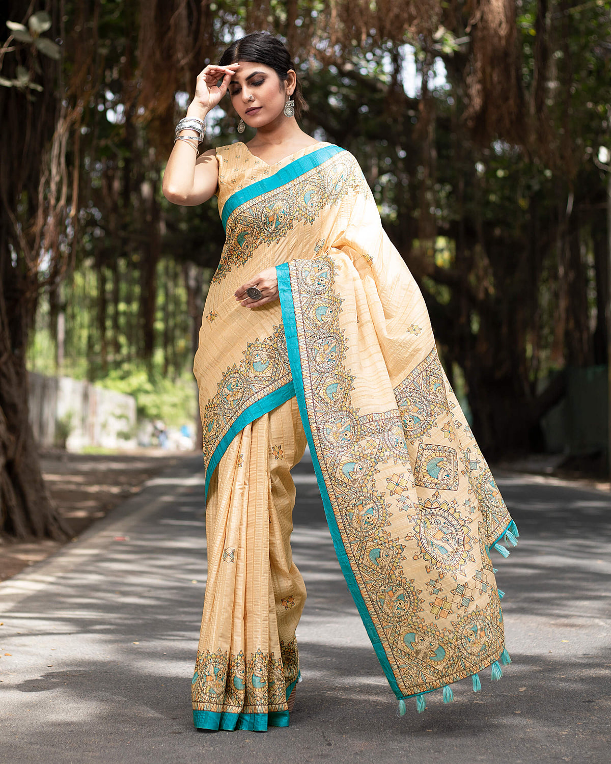 Pastle Peach And Cerulean Blue Madhuvanii Pattern Digital Print Art Tusser Silk Saree With Tassels