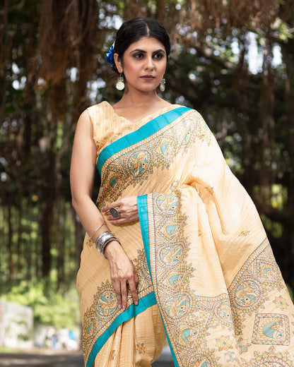 Pastle Peach And Cerulean Blue Madhuvanii Pattern Digital Print Art Tusser Silk Saree With Tassels