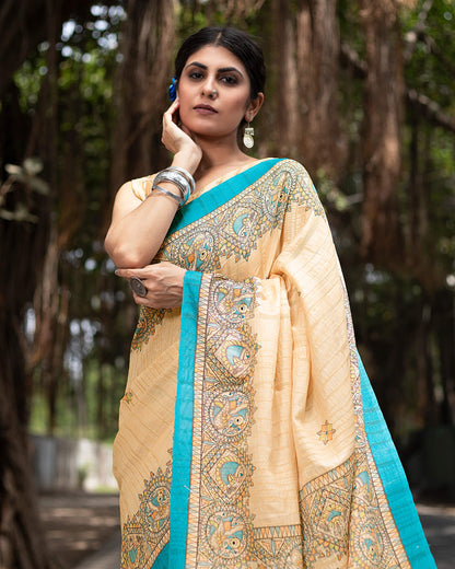 Pastle Peach And Cerulean Blue Madhuvanii Pattern Digital Print Art Tusser Silk Saree With Tassels