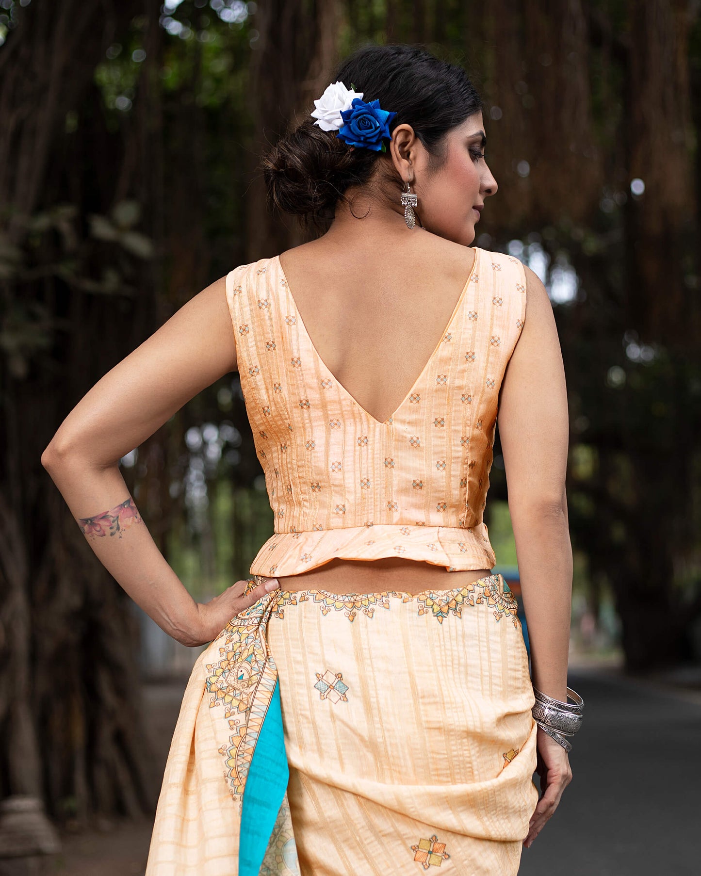 Pastle Peach And Cerulean Blue Madhubani Pattern Digital Print Heritage Art Silk Saree With Tassels