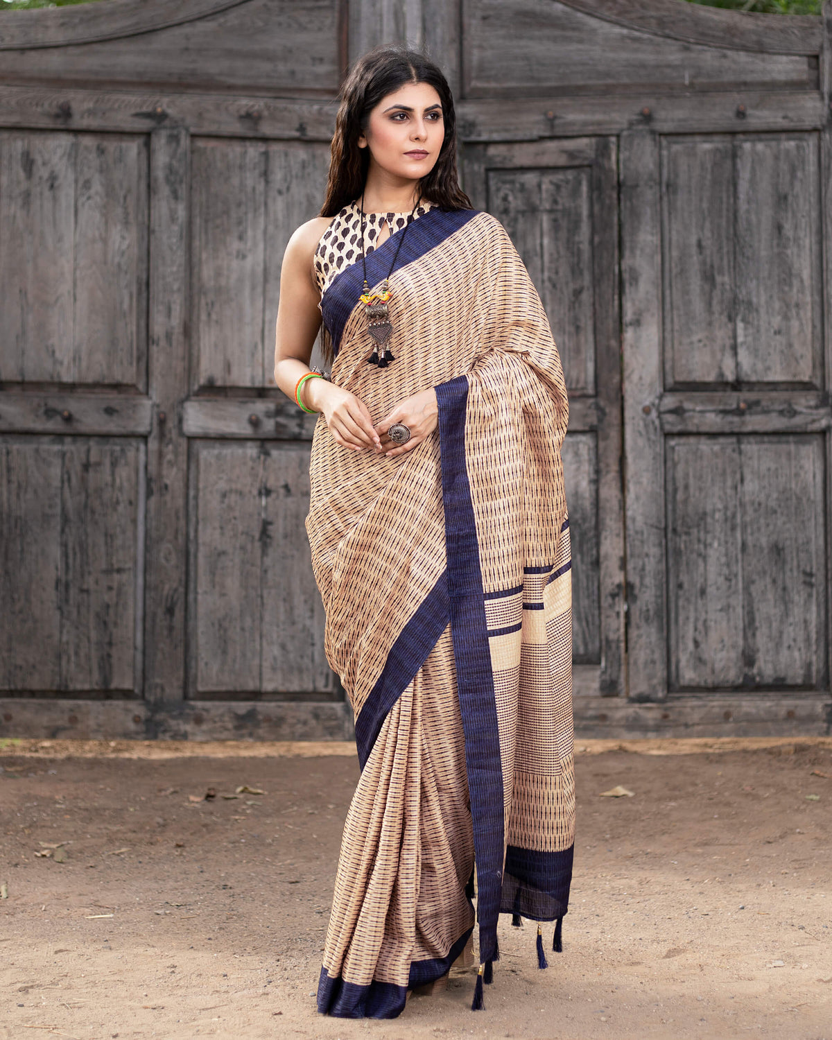 Beige And Navy Blue Stripes Pattern Digital Print Art Tusser Silk Saree With Tassels