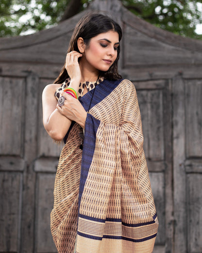 Beige And Navy Blue Stripes Pattern Digital Print Art Tusser Silk Saree With Tassels