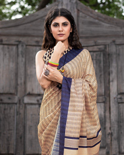 Beige And Navy Blue Stripes Pattern Digital Print Art Tusser Silk Saree With Tassels