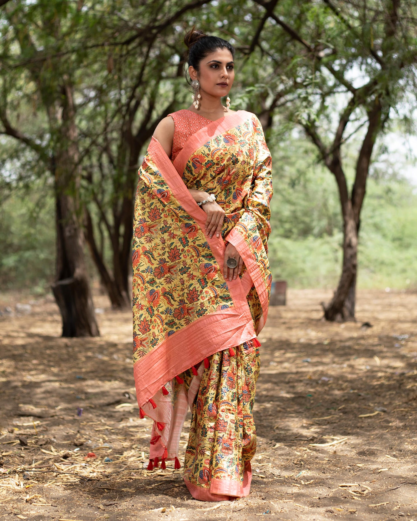 Tuscany Yellow And Coral Peach Floral Pattern Digital Print Heritage Art Silk Saree With Tassels