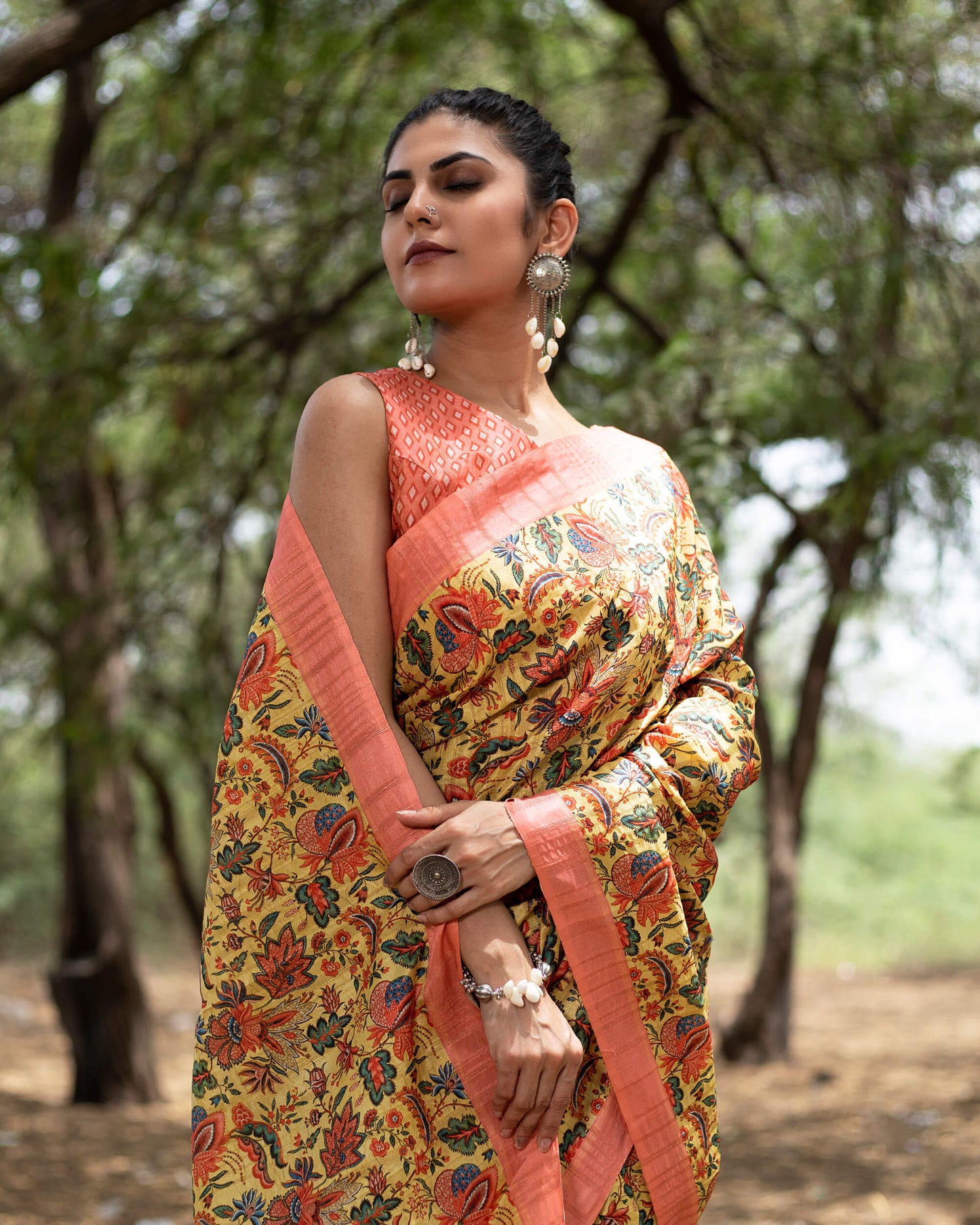 Tuscany Yellow And Coral Peach Floral Pattern Digital Print Heritage Art Silk Saree With Tassels