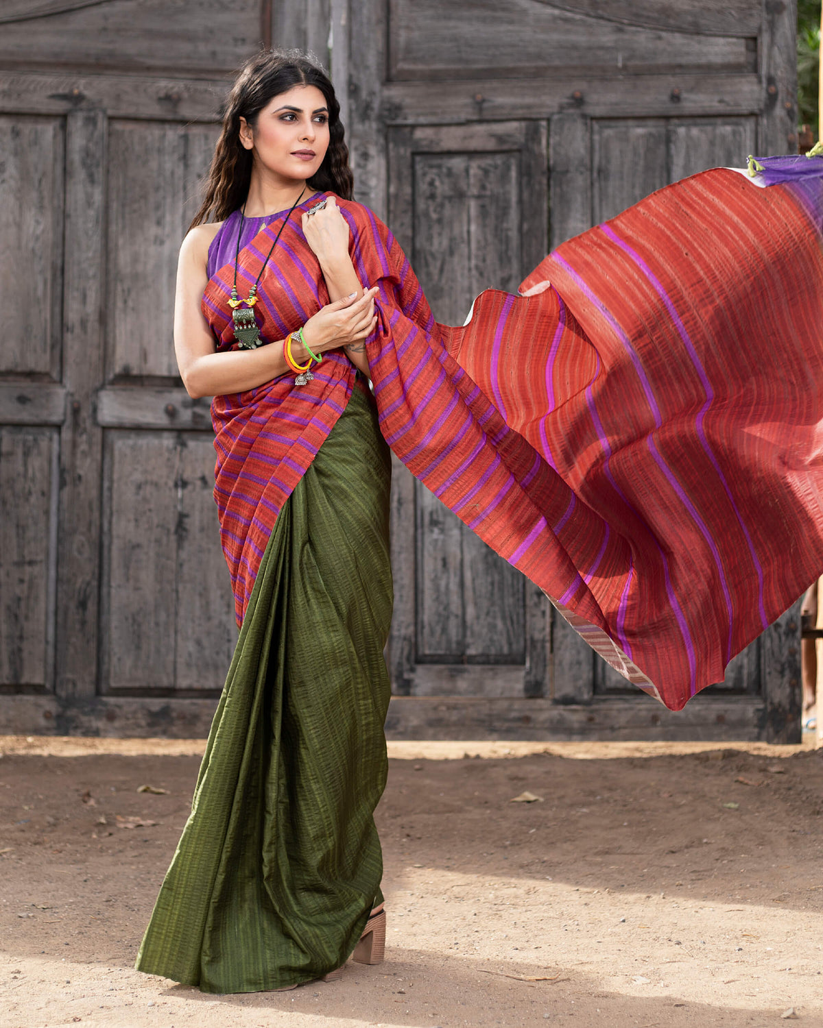 Sangria Red And Army Green Stripes Pattern Digital Print Art Tusser Silk Saree With Tassels