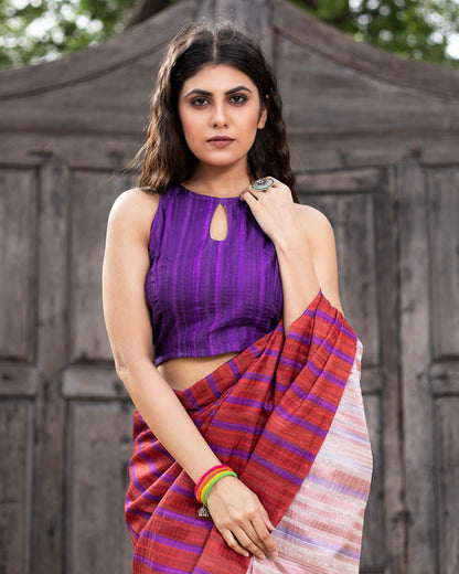 Sangria Red And Army Green Stripes Pattern Digital Print Art Tusser Silk Saree With Tassels