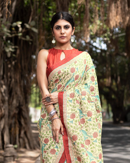 Ecru Beige And Maroon Floral Pattern Digital Print Art Tusser Silk Saree With Tassels