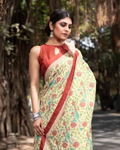 Ecru Beige And Maroon Floral Pattern Digital Print Art Tusser Silk Saree With Tassels