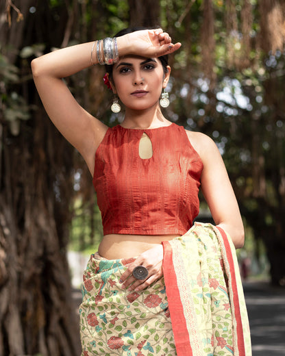 Ecru Beige And Mahogany Red Kalamkrii Pattern Digital Print Art Tusser Silk Saree With Tassels