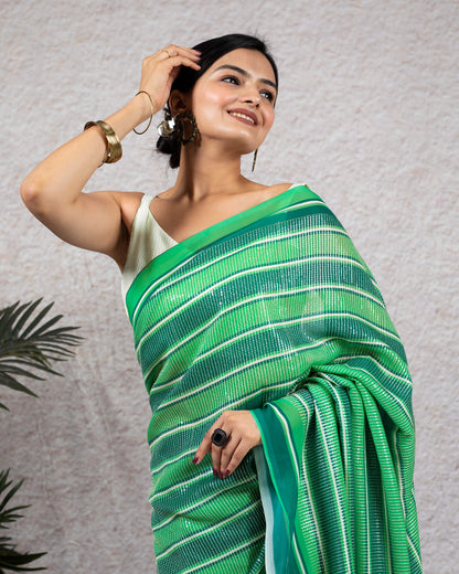Green Stripes Pattern All Over Premium Sequins Digital Print Georgette Saree