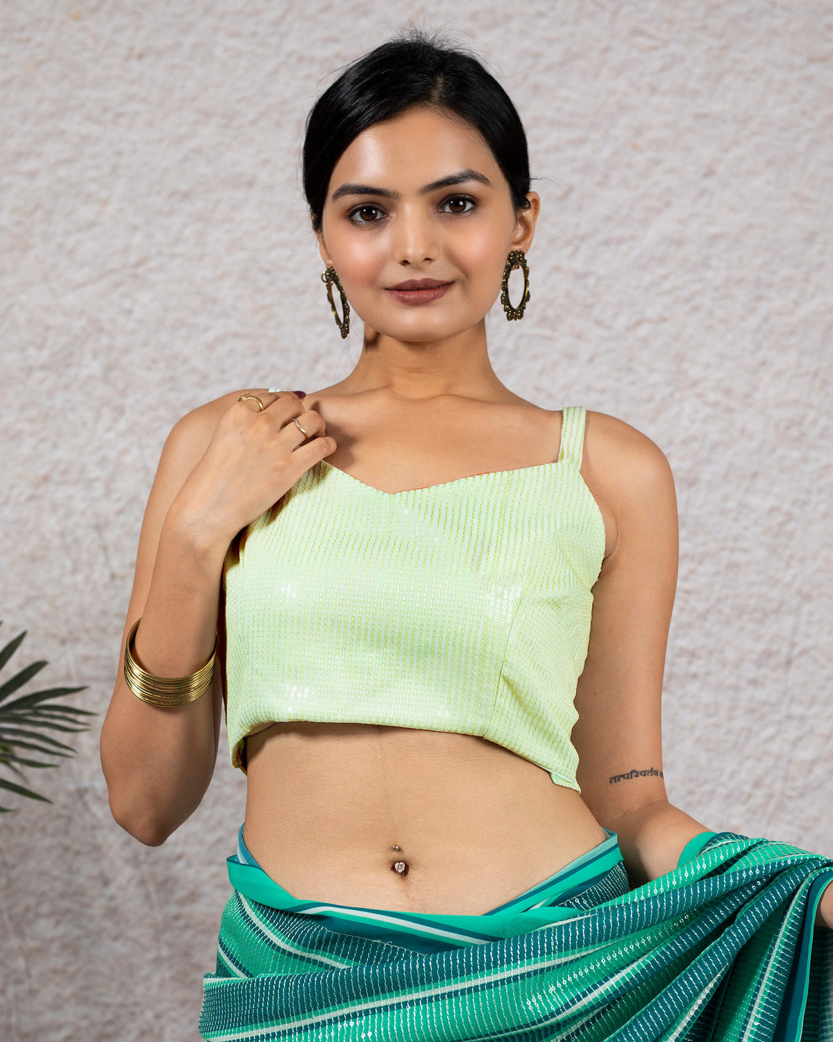 Tea Green All Over Sequins Georgette Strappy Blouse