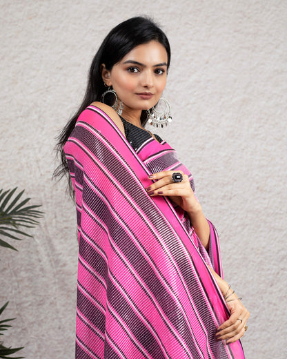 Creamy Pink And Raisin Purple Stripes Pattern All Over Premium Sequins Digital Print Georgette Saree