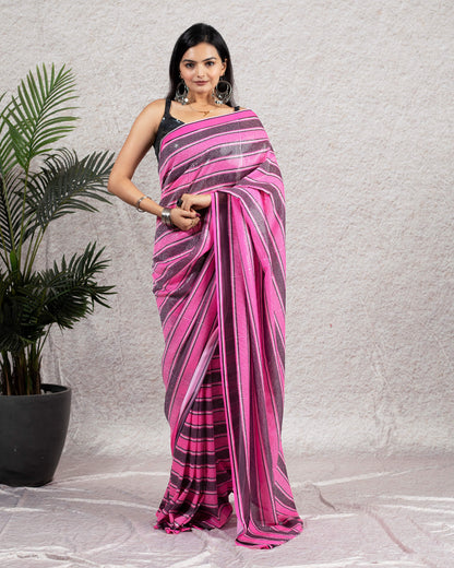 Creamy Pink And Raisin Purple Stripes Pattern All Over Premium Sequins Digital Print Georgette Saree