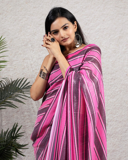 Creamy Pink And Raisin Purple Stripes Pattern All Over Premium Sequins Digital Print Georgette Saree