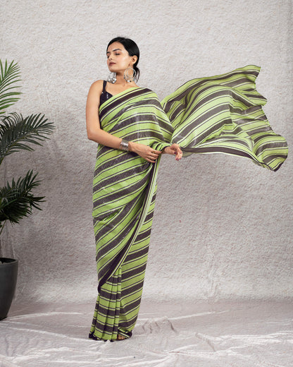 Black and Lime Green Stripes Pattern All Over Premium Sequins Digital Print Georgette Saree