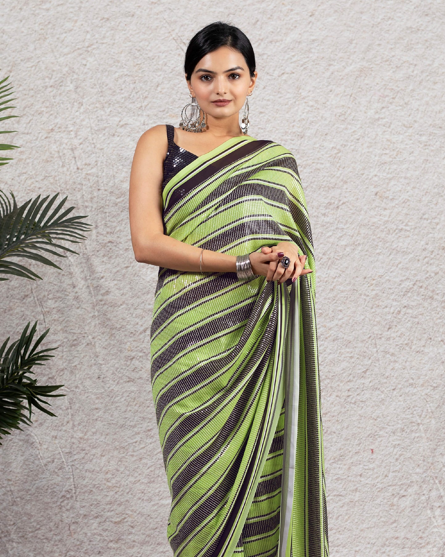 Black and Lime Green Stripes Pattern All Over Premium Sequins Digital Print Georgette Saree