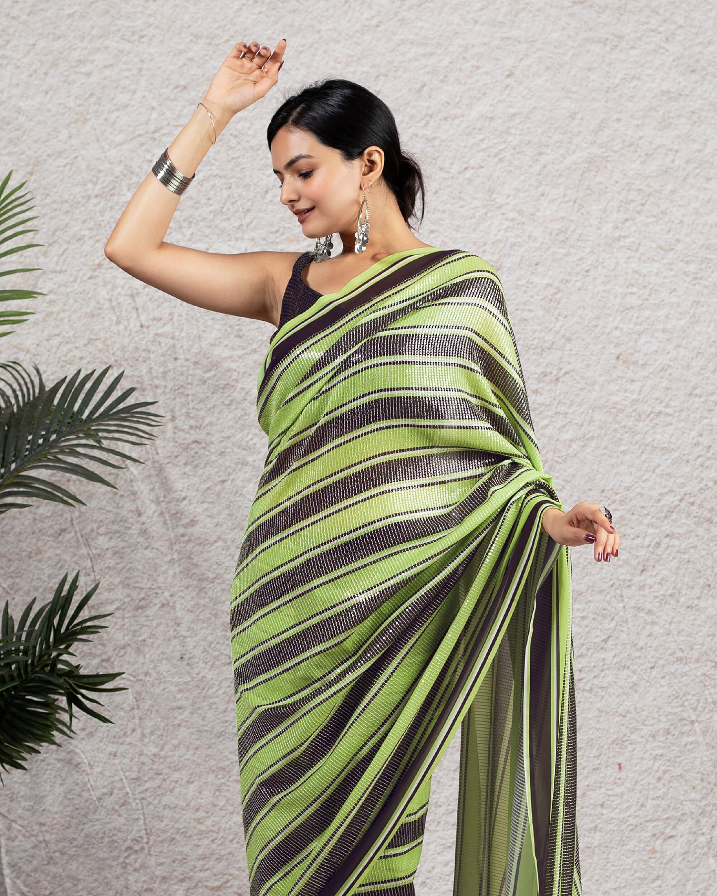 Black and Lime Green Stripes Pattern All Over Premium Sequins Digital Print Georgette Saree