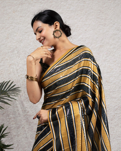 Golden Brown and Black Stripes Pattern All Over Premium Sequins Digital Print Japan Satin Saree