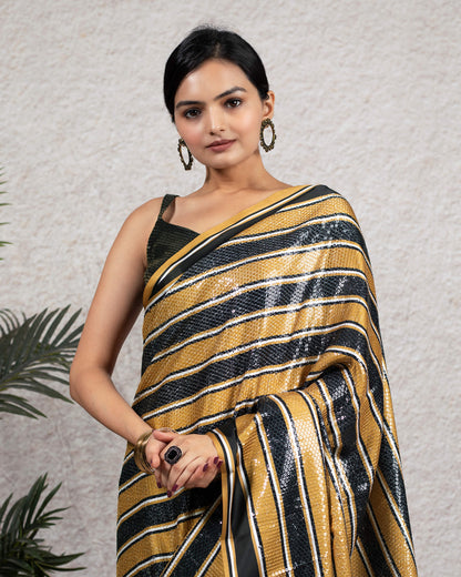 Golden Brown and Black Stripes Pattern All Over Premium Sequins Digital Print Japan Satin Saree