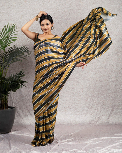 Golden Brown and Black Stripes Pattern All Over Premium Sequins Digital Print Japan Satin Saree