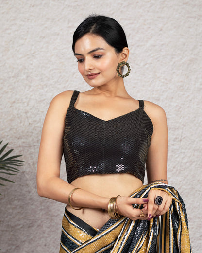 Golden Brown and Black Stripes Pattern All Over Premium Sequins Digital Print Japan Satin Saree
