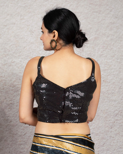 Golden Brown and Black Stripes Pattern All Over Premium Sequins Digital Print Japan Satin Saree