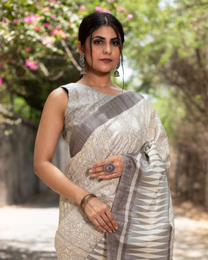 Lava Grey And White Floral Pattern Digital Print Art Tusser Silk Saree With Tassels