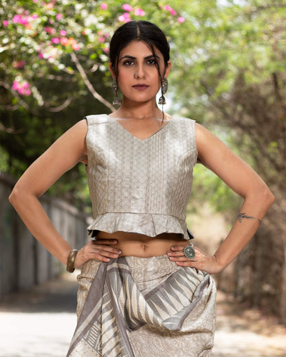 Lava Grey And White Floral Pattern Digital Print Art Tusser Silk Saree With Tassels