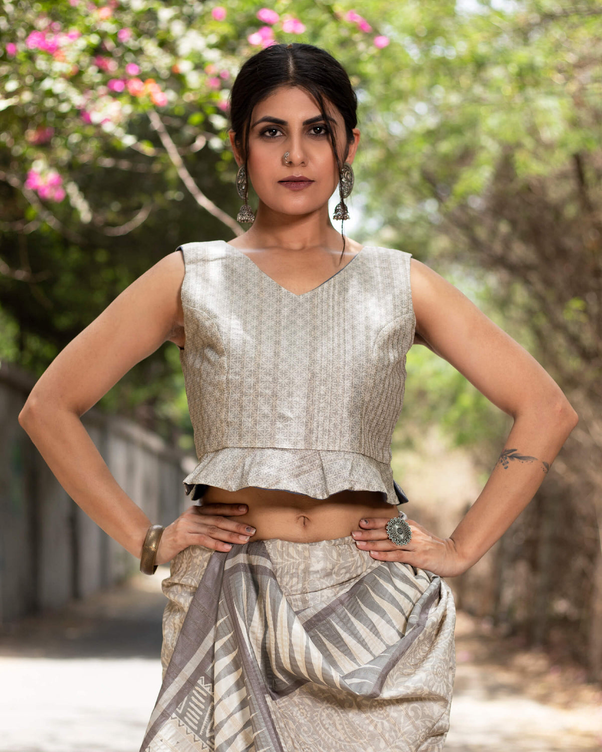 Traditional Printed Silk Peplum Blouse