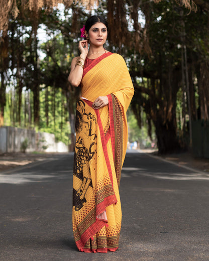 Merigold Yellow And Black Quirky Pattern Premium Sequins Georgette Saree With Tassels