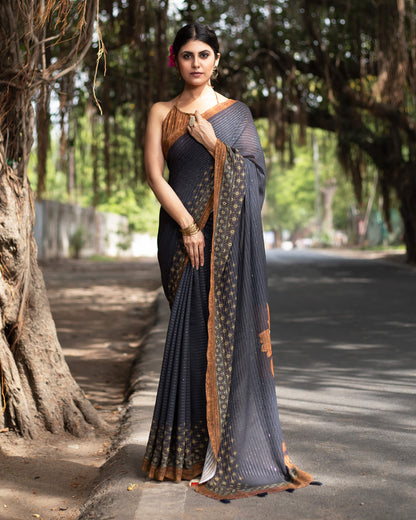 Dark Blue And White Quirky Pattern Premium Sequins Georgette Saree With Tassels