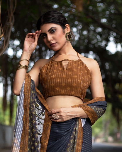 Dark Blue And White Quirky Pattern Premium Sequins Georgette Saree With Tassels