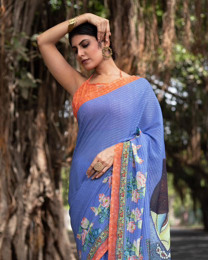 Cornflower Blue and Salmon Orange Quirky Pattern Premium Sequins Georgette Saree With Tassels