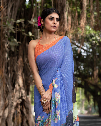 Cornflower Blue and Salmon Orange Quirky Pattern Premium Sequins Georgette Saree With Tassels