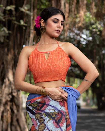 Cornflower Blue and Salmon Orange Quirky Pattern Premium Sequins Georgette Saree With Tassels