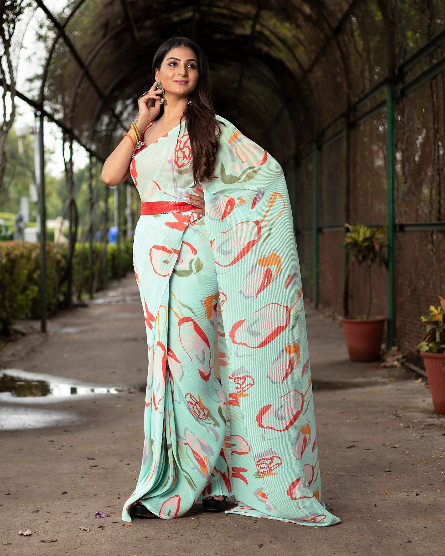 Baby Blue And Vermilion Red Quirky Pattern Digital Print Georgette Pleated Saree